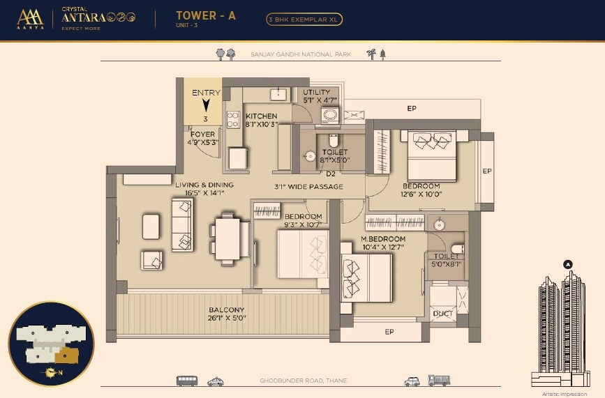 Floor plan of 3 BHK 1280 Sq. Ft. Apartment in Luxora Crystal Antara, Thane