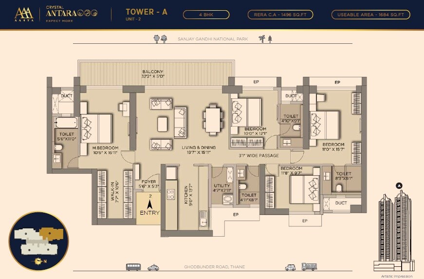 Floor plan of 4 BHK 1684 Sq. Ft. Apartment in Luxora Crystal Antara, Thane