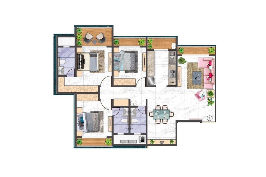 Floor plan of 3 BHK Apartment - 939 sq. ft. in Maatr Waters, Thane