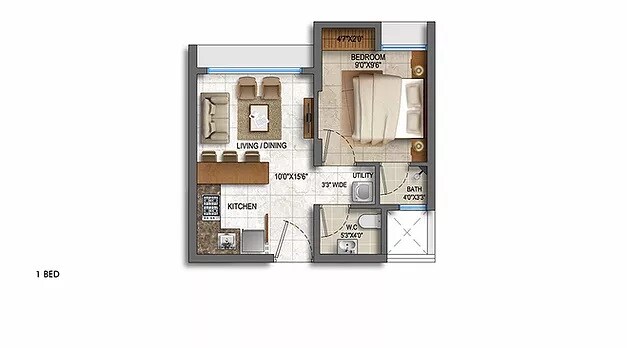 Floor plan of 1 BHK 402 Sq. Ft. Apartment in Macrotech Crown Splendora, Thane