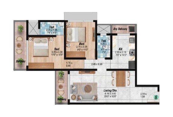 Floor plan of 1 BHK 416 Sq. Ft. Apartment in Madhav Bliss, Thane