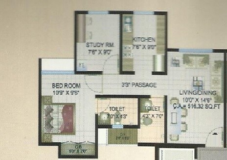 Floor plan of 1 BHK 516 Sq. Ft. Apartment in Madhav Palacia, Thane