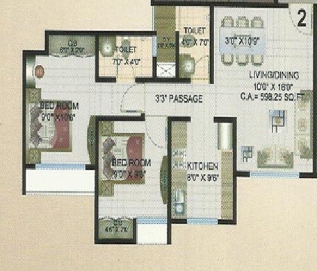 Floor plan of 2 BHK 598 Sq. Ft. Apartment in Madhav Palacia, Thane