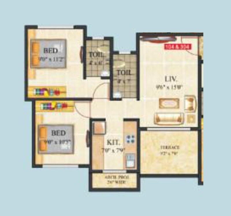Floor plan of 2 BHK 455 Sq. Ft. Apartment in Madhu K K Renuka Residency A And B Wing, Thane
