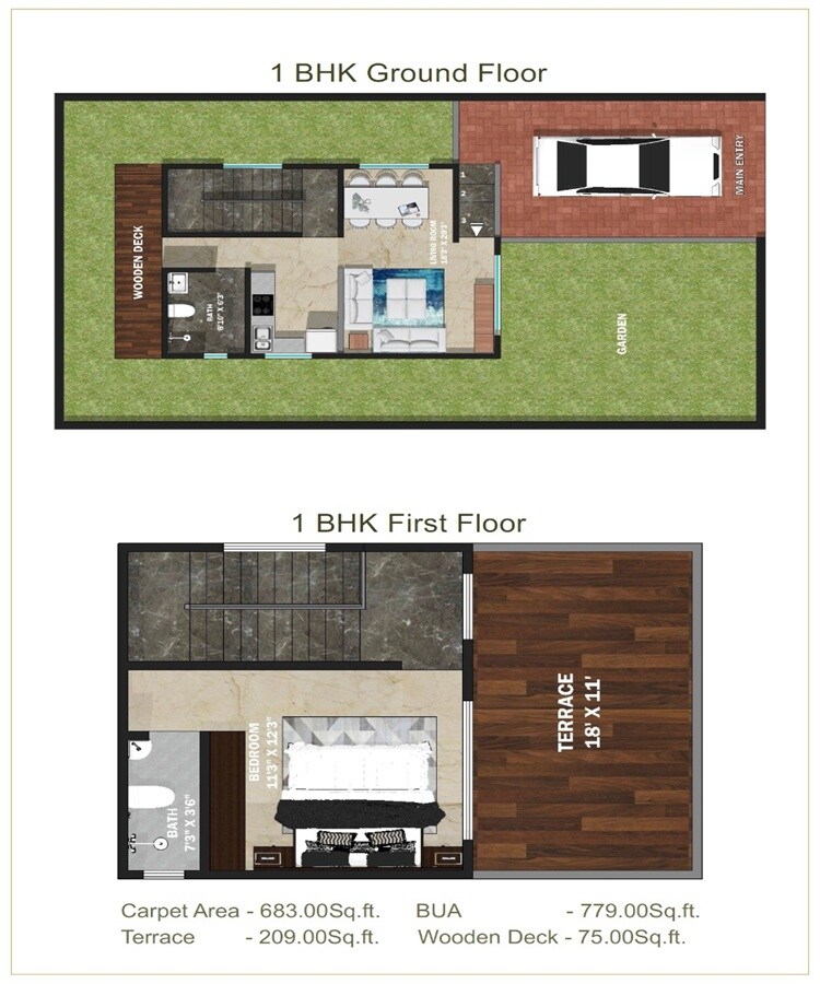 Floor plan of 1 BHK 683 Sq. Ft. Villa in Madhusudan Retreat Terraces, Thane