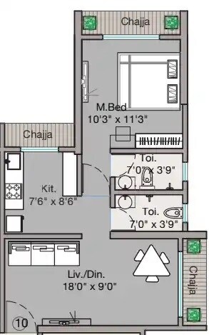 Floor plan of 1 BHK 423 Sq. Ft. Apartment in Magic Meera Heights, Thane