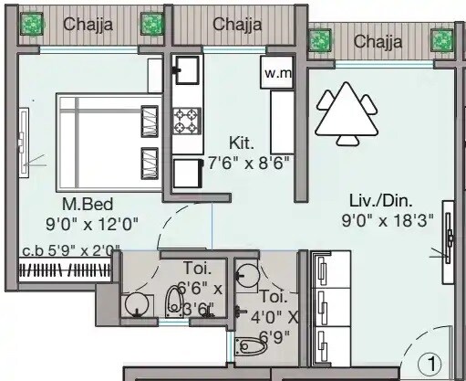 Floor plan of 1 BHK 447 Sq. Ft. Apartment in Magic Meera Heights, Thane
