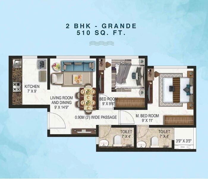 Floor plan of 2 BHK 510 Sq. Ft. Apartment in Magus City, Thane