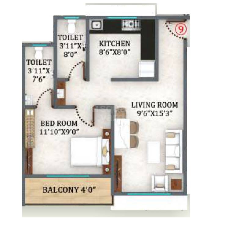 Floor plan of 1 BHK 491 Sq. Ft. Apartment in Mahadev Belpatra, Thane