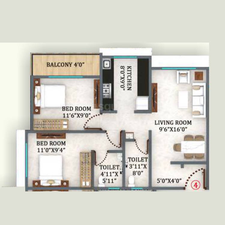 Floor plan of 2 BHK 612 Sq. Ft. Apartment in Mahadev Belpatra, Thane