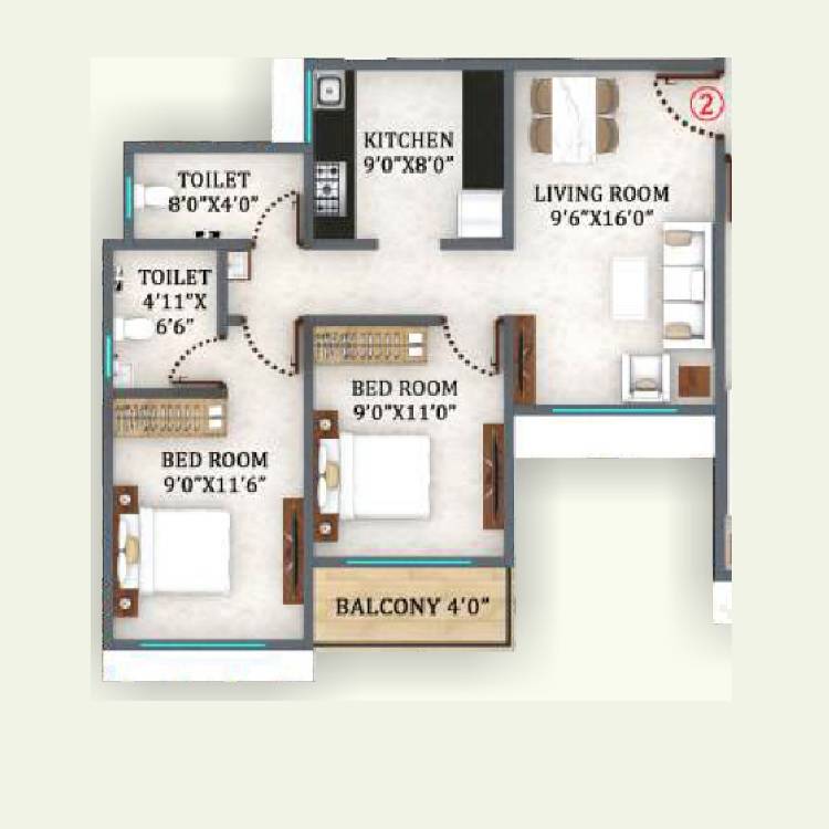Floor plan of 2 BHK 650 Sq. Ft. Apartment in Mahadev Belpatra, Thane