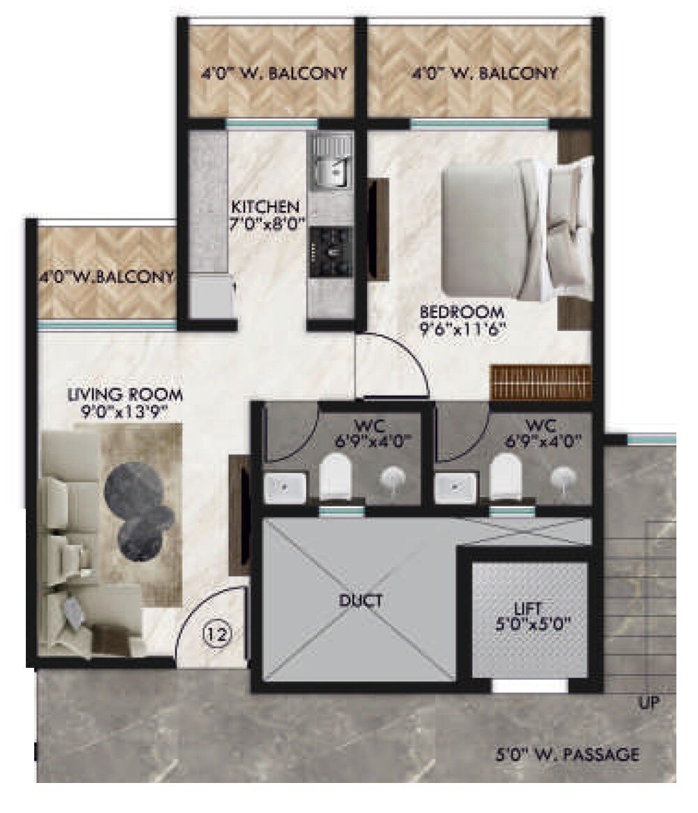 Floor plan of 1 BHK 470 Sq. Ft. Apartment in Mahadev Enclaves, Thane