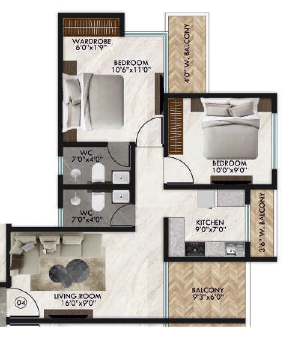 Floor plan of 2 BHK 640 Sq. Ft. Apartment in Mahadev Enclaves, Thane