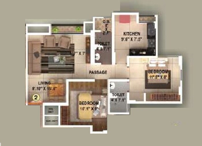 Floor plan of 2 BHK 609 Sq. Ft. Apartment in Mahakali Kalika Heights, Thane