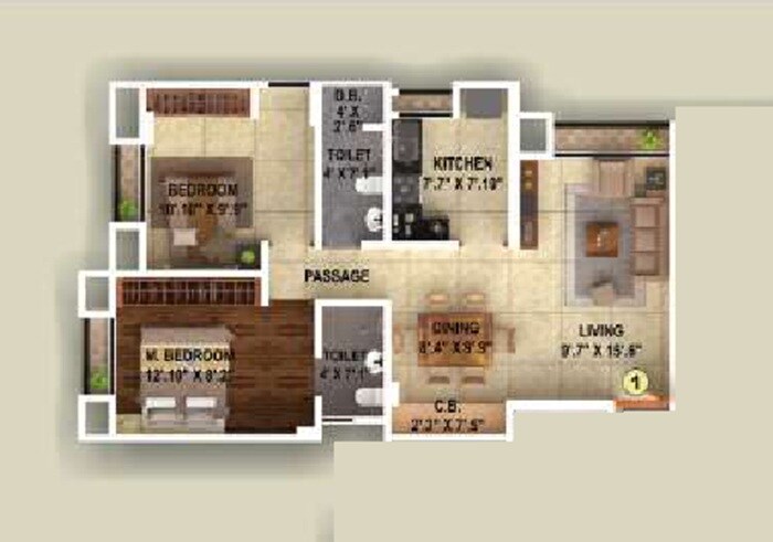 Floor plan of 2 BHK 663 Sq. Ft. Apartment in Mahakali Kalika Heights, Thane