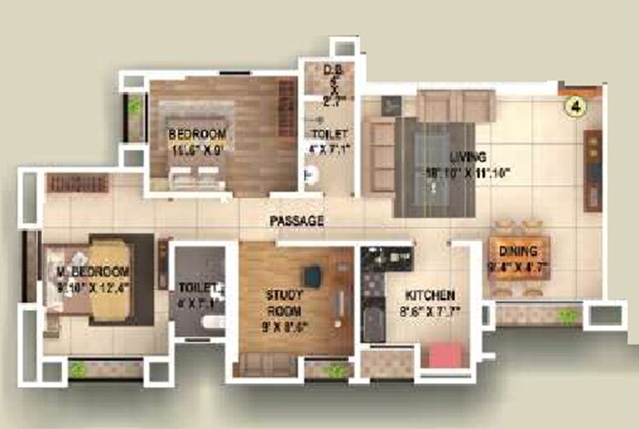 Floor plan of 2 BHK 802 Sq. Ft. Apartment in Mahakali Kalika Heights, Thane