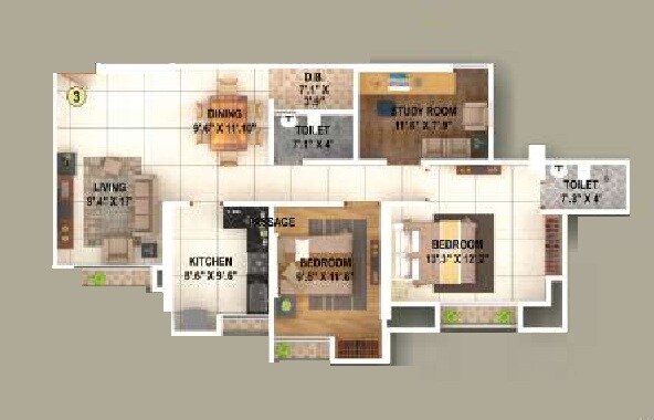 Floor plan of 3 BHK 857 Sq. Ft. Apartment in Mahakali Kalika Heights, Thane