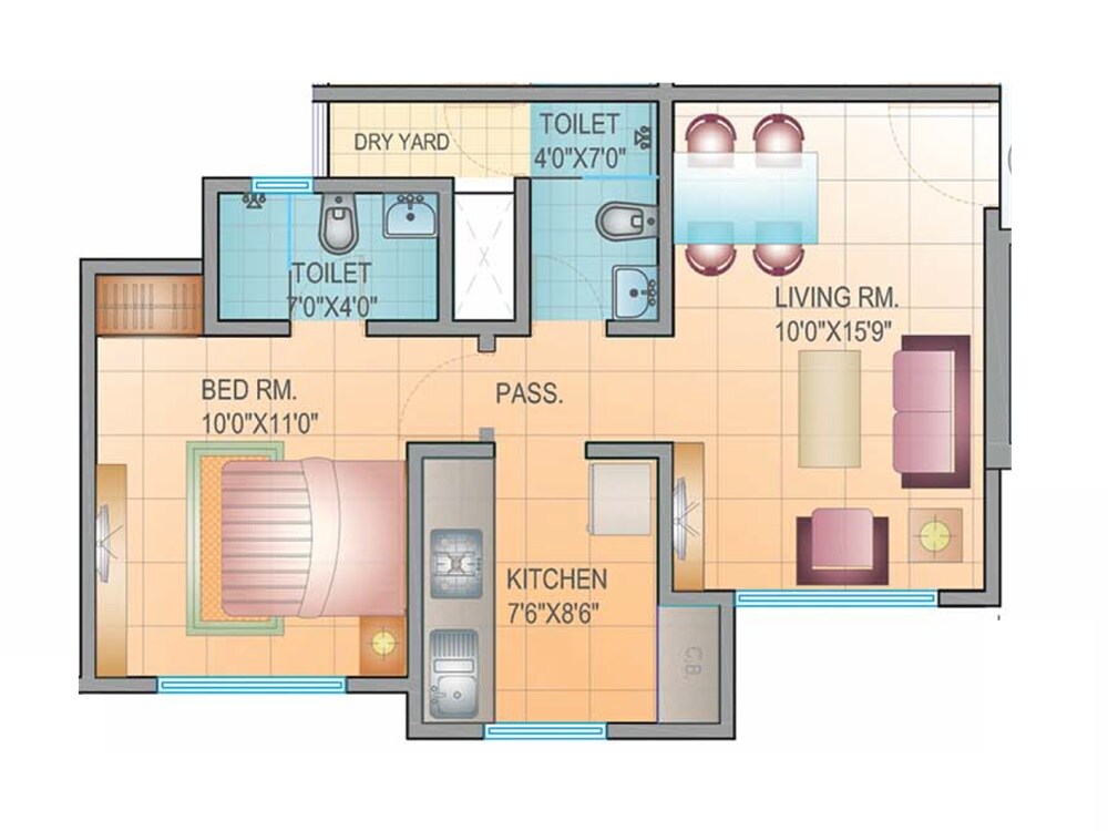 Floor plan of 1 BHK 665 Sq. Ft. Apartment in Mahavir Kalpavruksha, Thane
