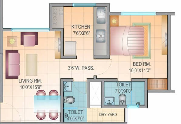 Floor plan of 1 BHK 627 Sq. Ft. Apartment in Mahavir Kalpavruksha, Thane