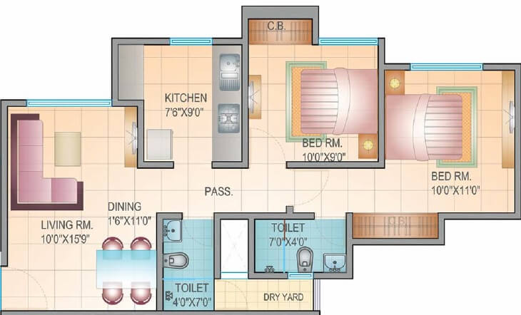 Floor plan of 2 BHK 905 Sq. Ft. Apartment in Mahavir Kalpavruksha, Thane