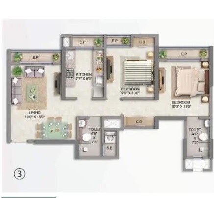 Floor plan of 2 BHK 624 Sq. Ft. Apartment in Mahavir Square, Thane