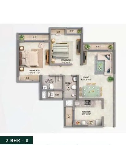 Floor plan of 2 BHK 794 Sq. Ft. Apartment in Mahavir Square, Thane
