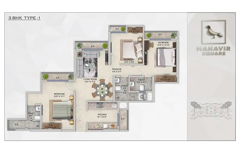 Floor plan of 3 BHK 839 Sq. Ft. Apartment in Mahavir Square, Thane