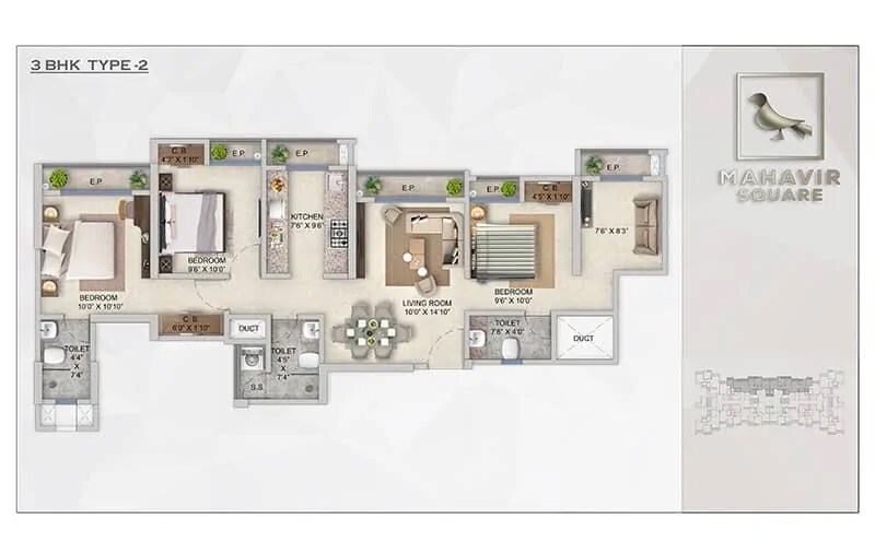 Floor plan of 3 BHK 997 Sq. Ft. Apartment in Mahavir Square, Thane