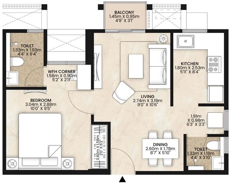 Floor plan of 1 BHK 397 Sq. Ft. Apartment in Mahindra Happinest Kalyan, Thane