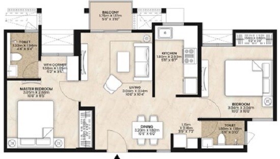 Floor plan of 2 BHK 586 Sq. Ft. Apartment in Mahindra Happinest Kalyan, Thane