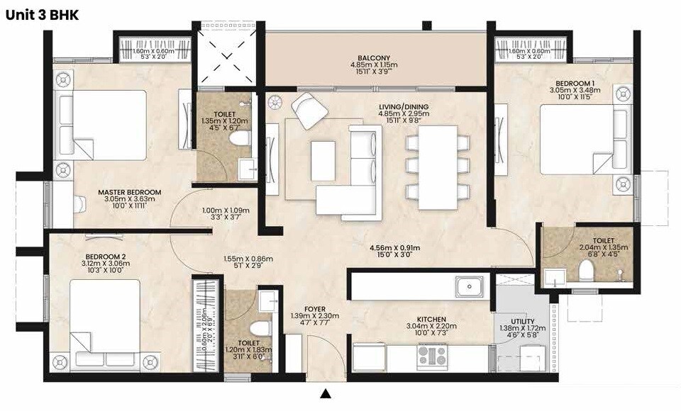 3 BHK 932 Sq. Ft. Apartment