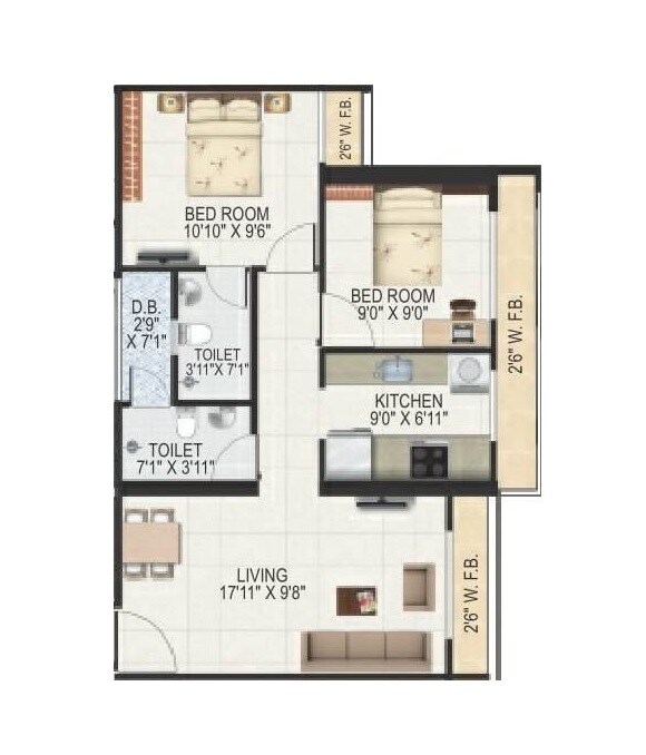 Floor plan of 2 BHK 466 Sq. Ft. Apartment in Maithili Pride, Thane