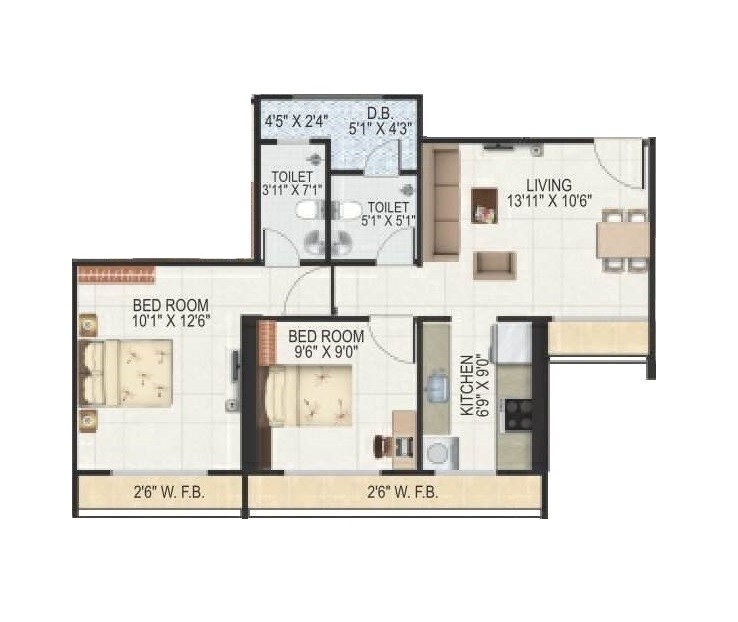 Floor plan of 2 BHK 504 Sq. Ft. Apartment in Maithili Pride, Thane