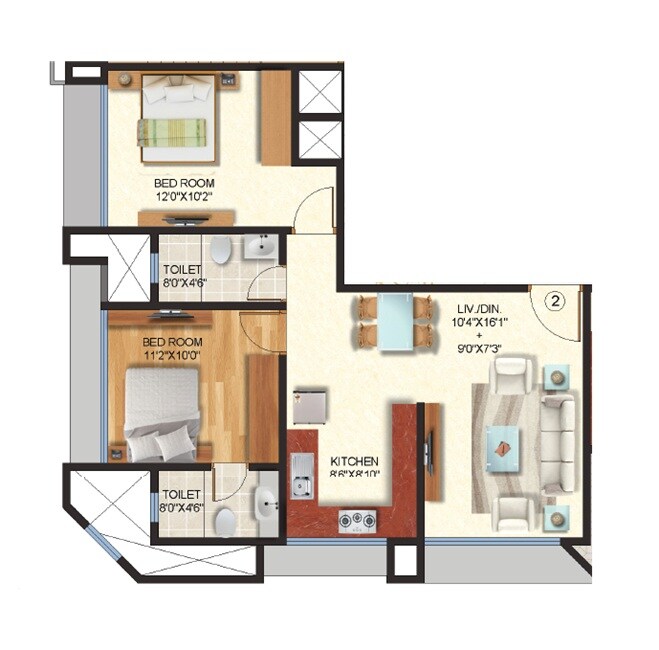 Floor plan of 2 BHK 663 Sq. Ft. Apartment in Maitri Narayan Bhuvan, Thane