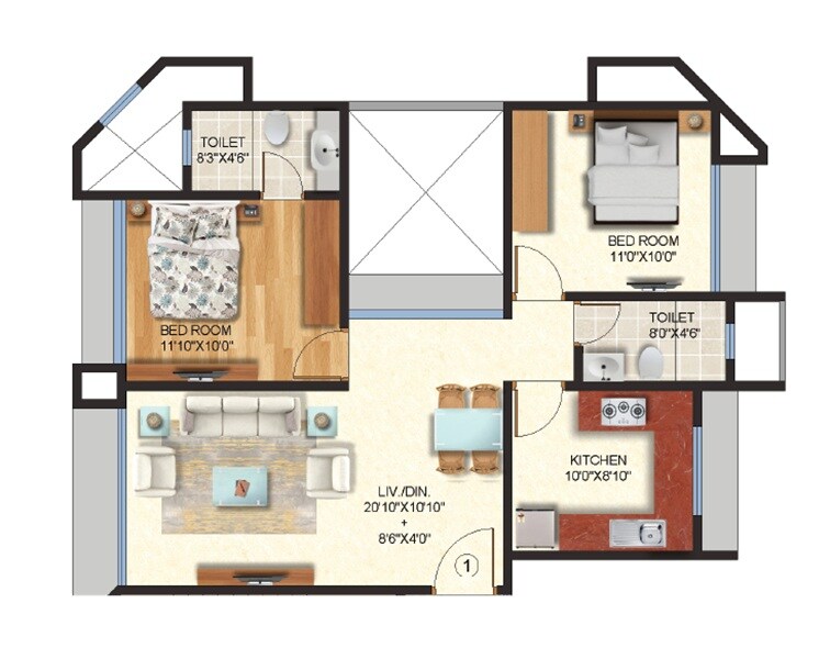 Floor plan of 2 BHK 695 Sq. Ft. Apartment in Maitri Narayan Bhuvan, Thane