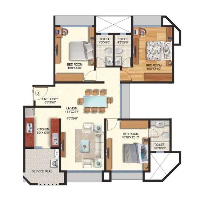 Floor plan of 3 BHK 1003 Sq. Ft. Apartment in Maitri Narayan Bhuvan, Thane