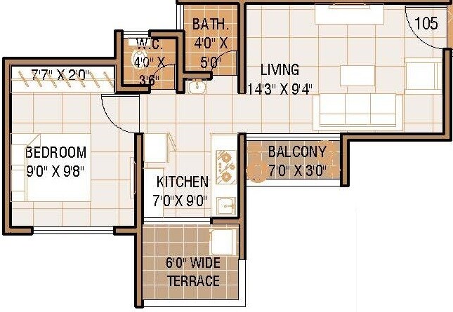 Floor plan of 1 BHK 303 Sq. Ft. Apartment in Mali Pinnacle, Thane