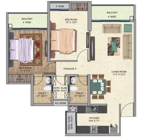 Floor plan of 2 BHK 849 Sq. Ft. Apartment in Man One park Avenue, Thane