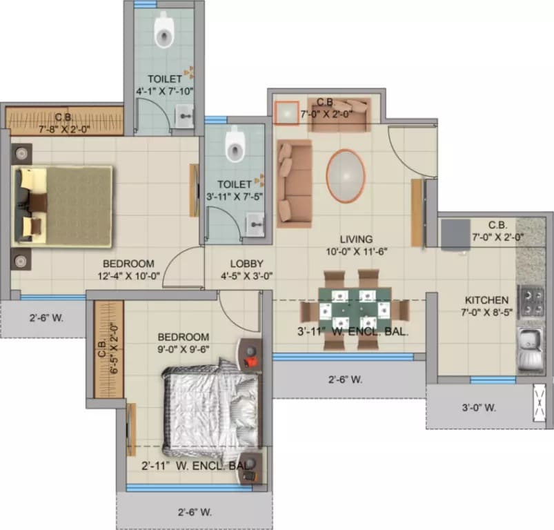 Floor plan of 1 BHK 545 Sq. Ft. Apartment in Man Opus, Thane