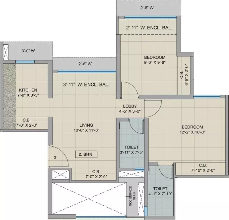 Floor plan of 2 BHK 692 Sq. Ft. Apartment in Man Opus, Thane