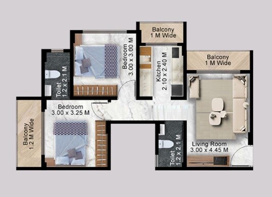 Floor plan of 2 BHK 650 Sq. Ft. Apartment in Mangaldeep Vision Srushti, Thane