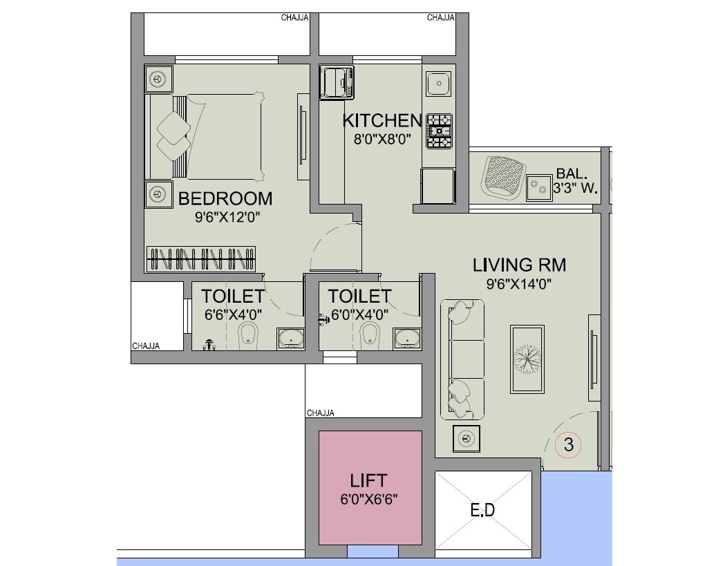 Floor plan of 1 BHK 426 Sq. Ft. Apartment in Mangeshi Gemini, Thane