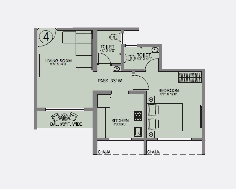 Floor plan of 1 BHK 443 Sq. Ft. Apartment in Mangeshi Gemini, Thane