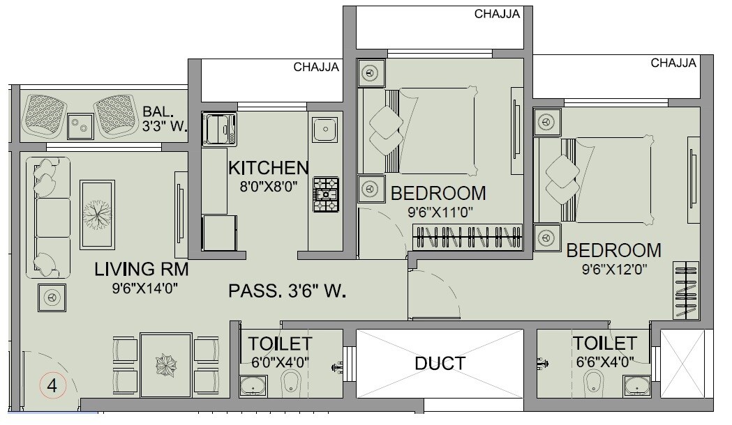 Floor plan of 2 BHK 598 Sq. Ft. Apartment in Mangeshi Gemini, Thane