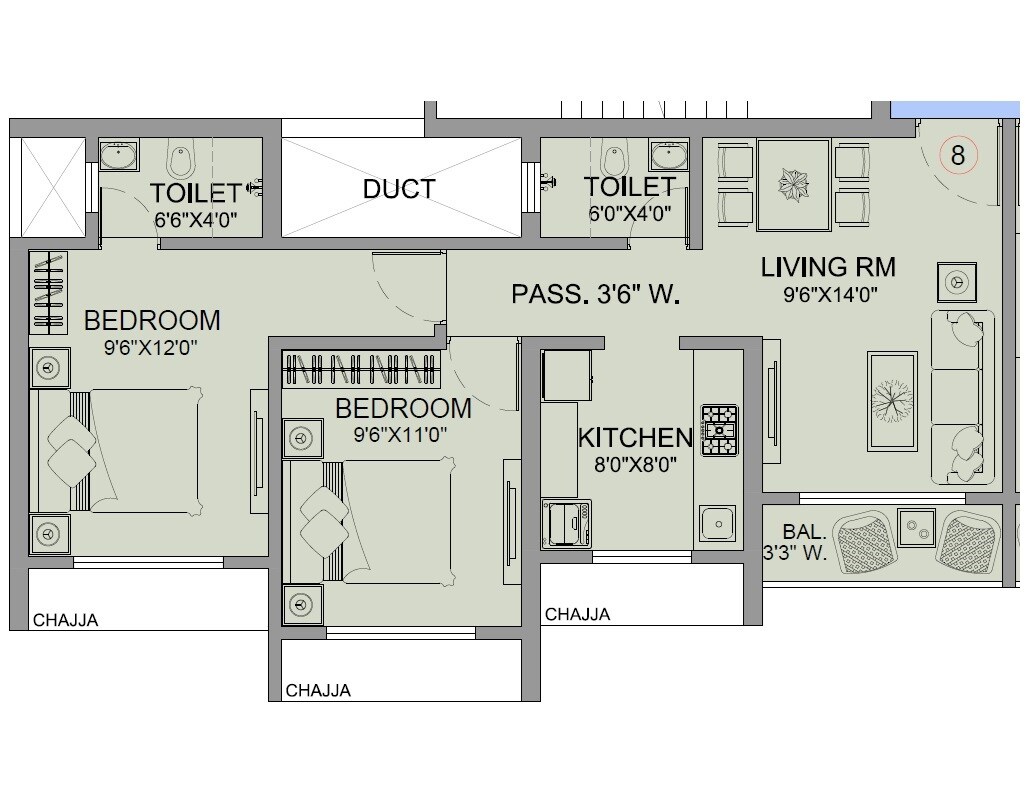 Floor plan of 2 BHK 603 Sq. Ft. Apartment in Mangeshi Gemini, Thane