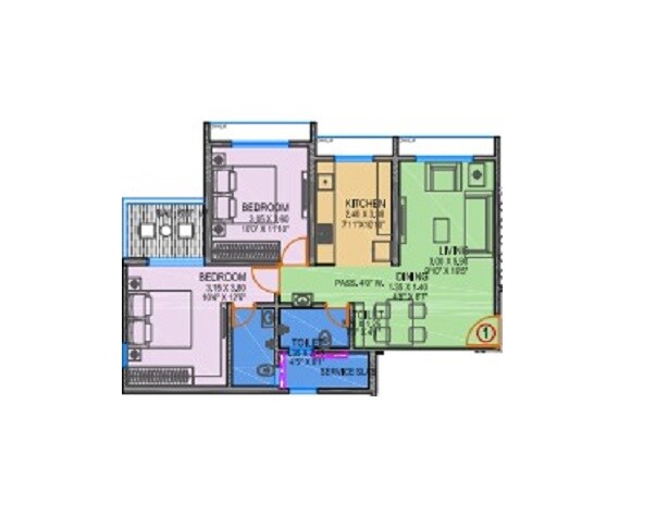 Floor plan of 2 BHK 734 Sq. Ft. Apartment in Mangeshi Royale, Thane