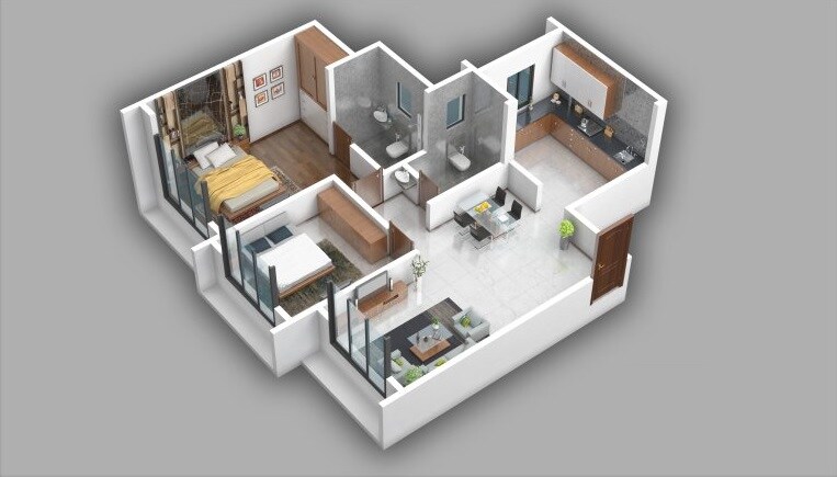 Floor plan of 2 BHK 693 Sq. Ft. Apartment in Mangeshi Sohan, Thane