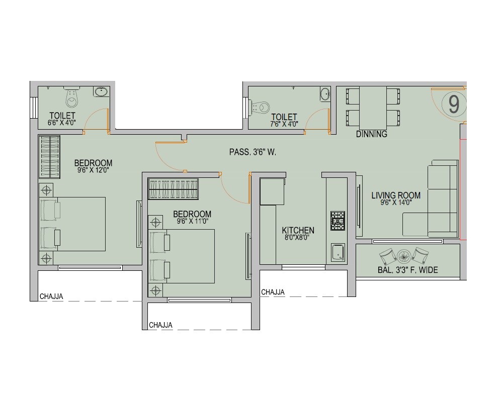 Floor plan of 2 BHK 582 Sq. Ft. Apartment in Mangeshi Star, Thane