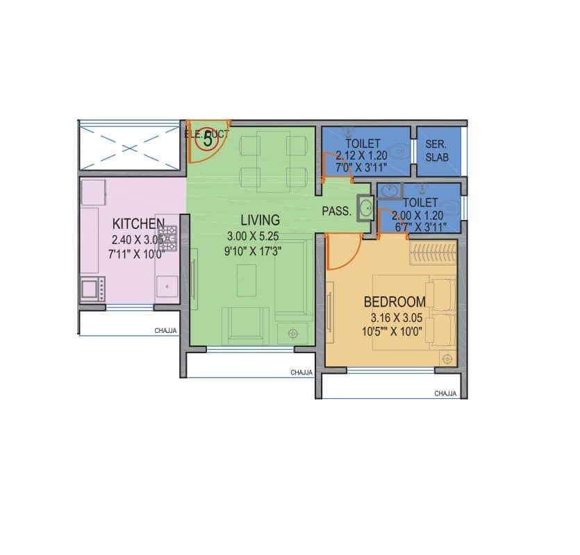 Floor plan of 1 BHK 572 Sq. Ft. Apartment in Mangeshi Woods, Thane
