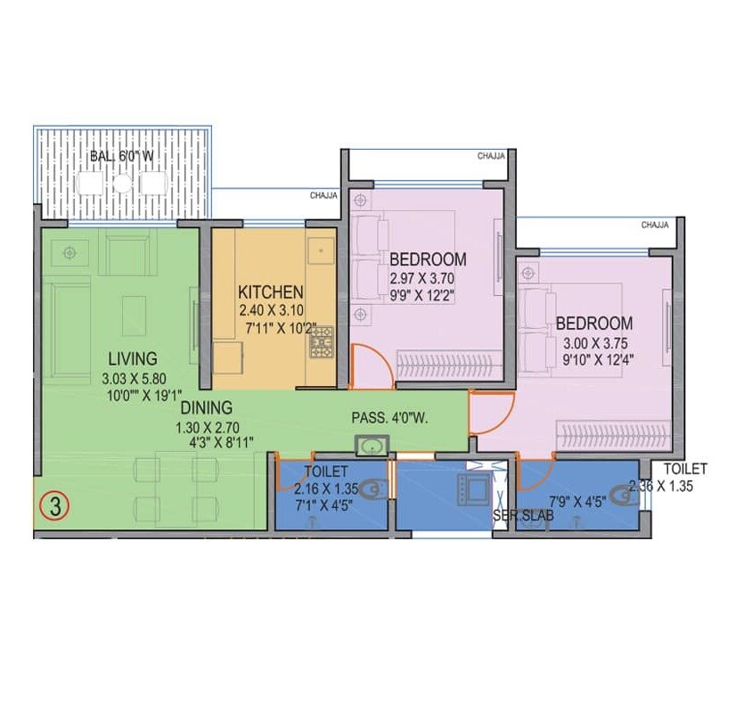 Floor plan of 2 BHK 734 Sq. Ft. Apartment in Mangeshi Woods, Thane